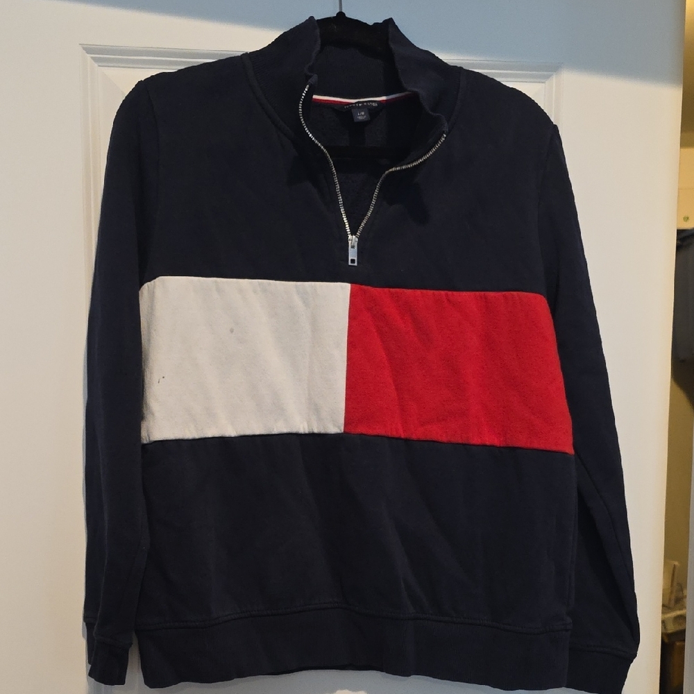 Tommy Hilfiger Men's Zip-Up Sweater in Navy with Red and White Blocks